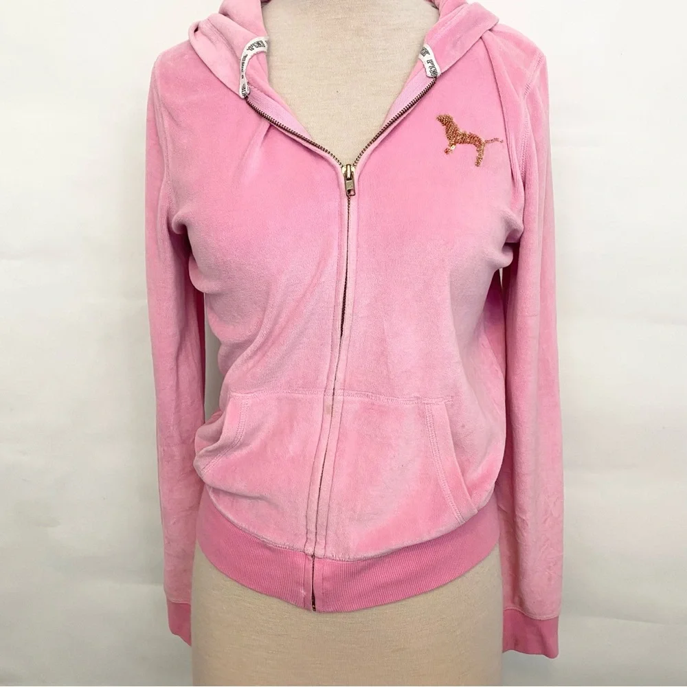 Victoria’s Secret PINK Vintage Rare Velour Full Zip Sequin Hoodie Bubblegum Pink - Picture 4 of 7